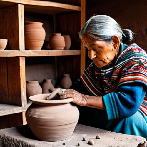 An elderly Peruvian female artisan, with deeply textured, wise hands, meticulously shaping a traditional clay vessel on a rustic, hand-powered potter's wheel. Her gaze is focused, reflecting years of inherited skill. She is dressed in a modest, richly patterned traditional poncho and skirt, fully clothed, appropriate attire. The setting is a sunlit, earthy workshop in the Sacred Valley, with shelves of completed pottery and raw clay visible. Professional photography, natural body proportions, perfect anatomy, correct proportions, natural pose, well-formed hands, proper finger count, safe for work, appropriate content, family-friendly.