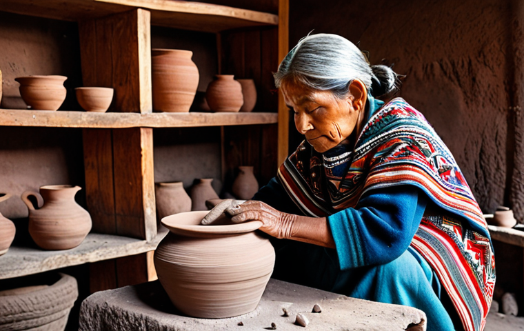 An elderly Peruvian female artisan, with deeply textured, wise hands, meticulously shaping a traditional clay vessel on a rustic, hand-powered potter's wheel. Her gaze is focused, reflecting years of inherited skill. She is dressed in a modest, richly patterned traditional poncho and skirt, fully clothed, appropriate attire. The setting is a sunlit, earthy workshop in the Sacred Valley, with shelves of completed pottery and raw clay visible. Professional photography, natural body proportions, perfect anatomy, correct proportions, natural pose, well-formed hands, proper finger count, safe for work, appropriate content, family-friendly.