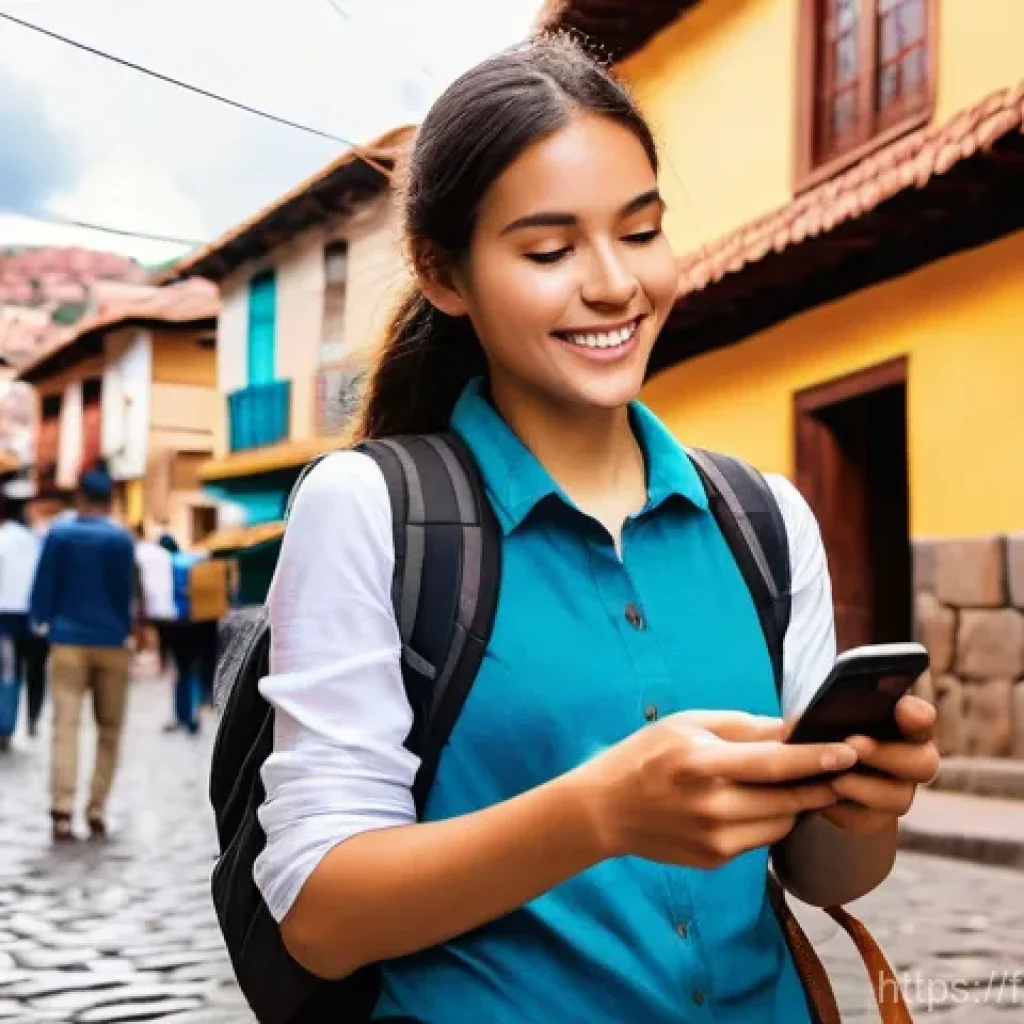 페루 여행자 추천 필수 어플 - **Prompt 1: Bustling Peruvian City Navigation**
    "A young female traveler, mid-20s, with a confid...