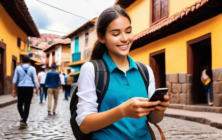 페루 여행자 추천 필수 어플 - **Prompt 1: Bustling Peruvian City Navigation**
    "A young female traveler, mid-20s, with a confid...