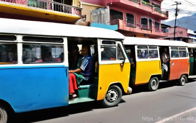 페루 공공 교통 이용법 - **Image Prompt 1: Bustling Peruvian Combi Bus Experience**
    A vibrant, realistic photograph captu...