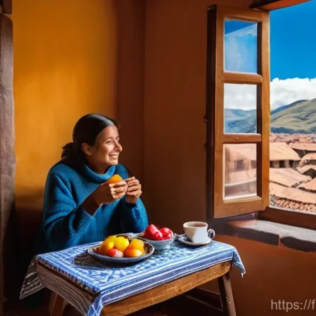 페루에서 인기 있는 숙박 공유 서비스 - **Prompt:** "A vibrant and authentic morning scene inside a charming guesthouse room in Cusco, Peru....