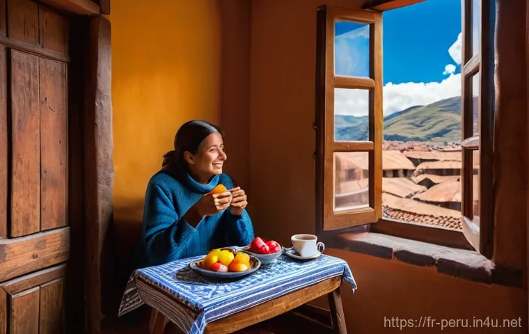 페루에서 인기 있는 숙박 공유 서비스 - **Prompt:** "A vibrant and authentic morning scene inside a charming guesthouse room in Cusco, Peru....