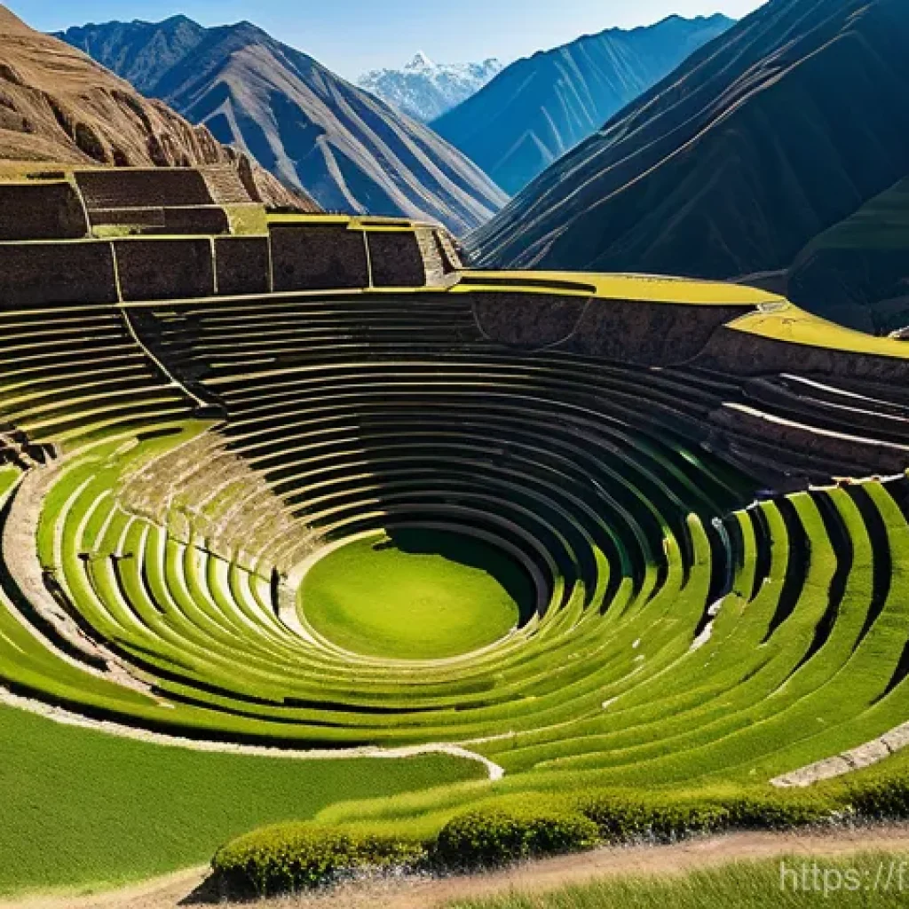 페루에서 유명한 불가사의 건축물 - **Prompt 1: The Enigmatic Terraces of Moray**
    An aerial shot of the ancient Inca agricultural te...