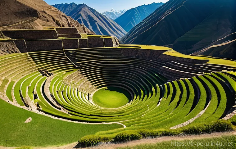페루에서 유명한 불가사의 건축물 - **Prompt 1: The Enigmatic Terraces of Moray**
An aerial shot of the ancient Inca agricultural te...