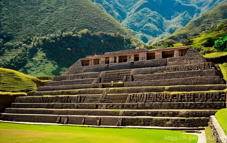 페루에서 유명한 불가사의 건축물 - **Prompt 1: The Enigmatic Terraces of Moray**
    An aerial shot of the ancient Inca agricultural te...