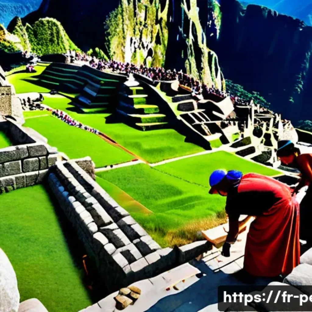 마추픽추 건설 미스터리 - **Inca Master Builders at Work, Machu Picchu:** A vibrant panoramic scene depicting hundreds of anci...