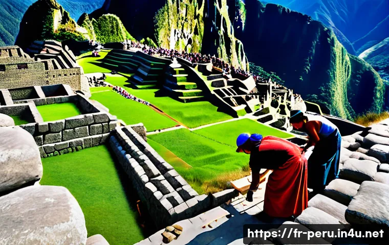 마추픽추 건설 미스터리 - **Inca Master Builders at Work, Machu Picchu:** A vibrant panoramic scene depicting hundreds of anci...
