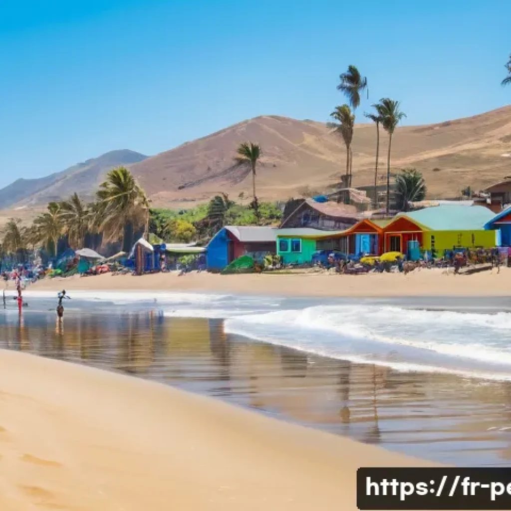 페루에서 해양 스포츠 체험 - A vibrant beach scene at Mancora, Peru, showing surfers of various skill levels riding long, smooth ...