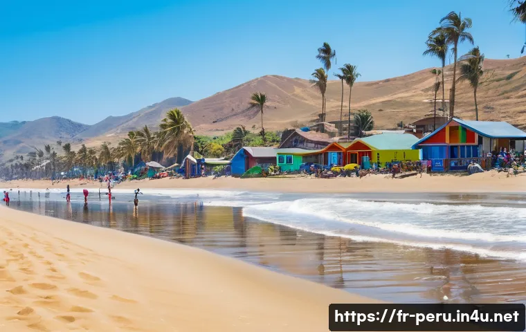 페루에서 해양 스포츠 체험 - A vibrant beach scene at Mancora, Peru, showing surfers of various skill levels riding long, smooth ...