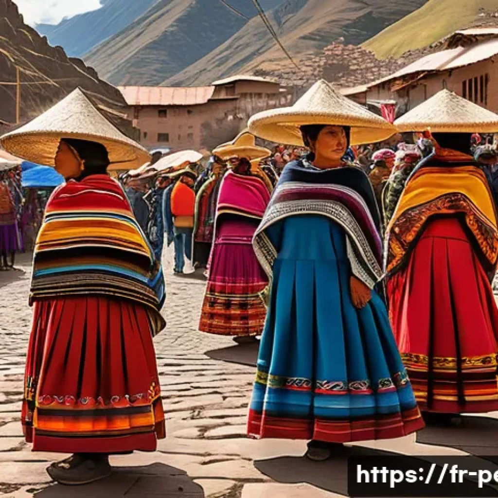 페루 전통 의상 - A vibrant traditional Andean textile market scene in Cusco, Peru, featuring women wearing colorful p...
