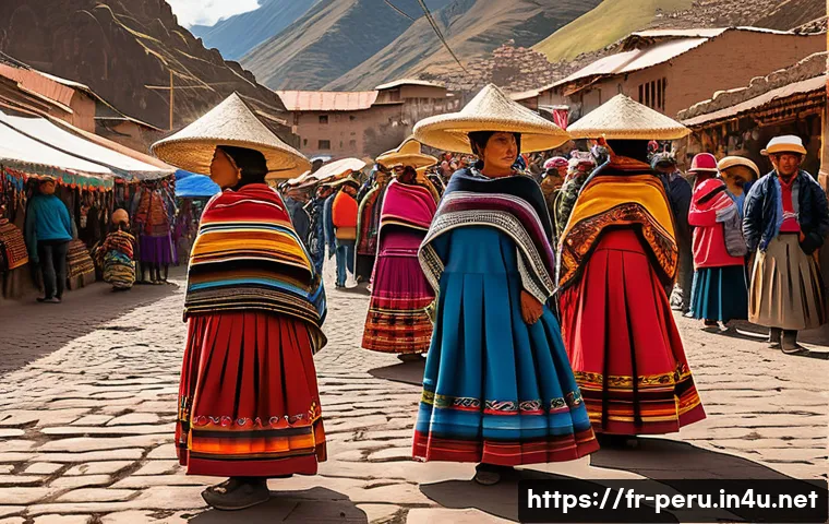 페루 전통 의상 - A vibrant traditional Andean textile market scene in Cusco, Peru, featuring women wearing colorful p...