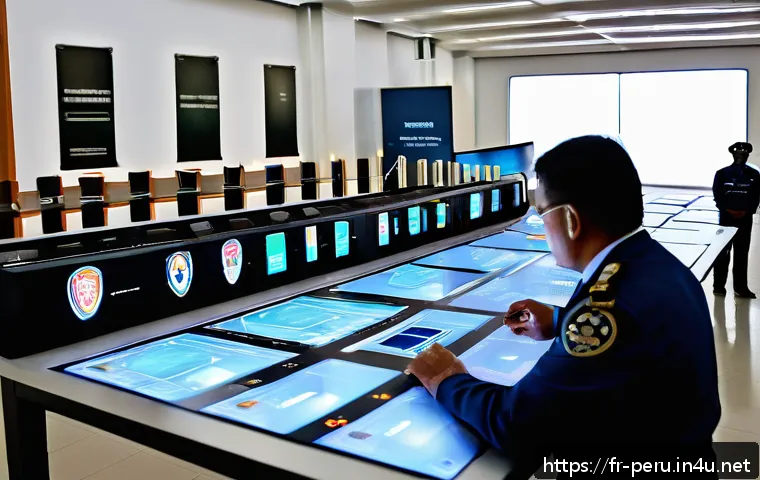 페루에서 유적지 보호법 - A detailed scene at a modern Peruvian border checkpoint showcasing customs officers using advanced a...