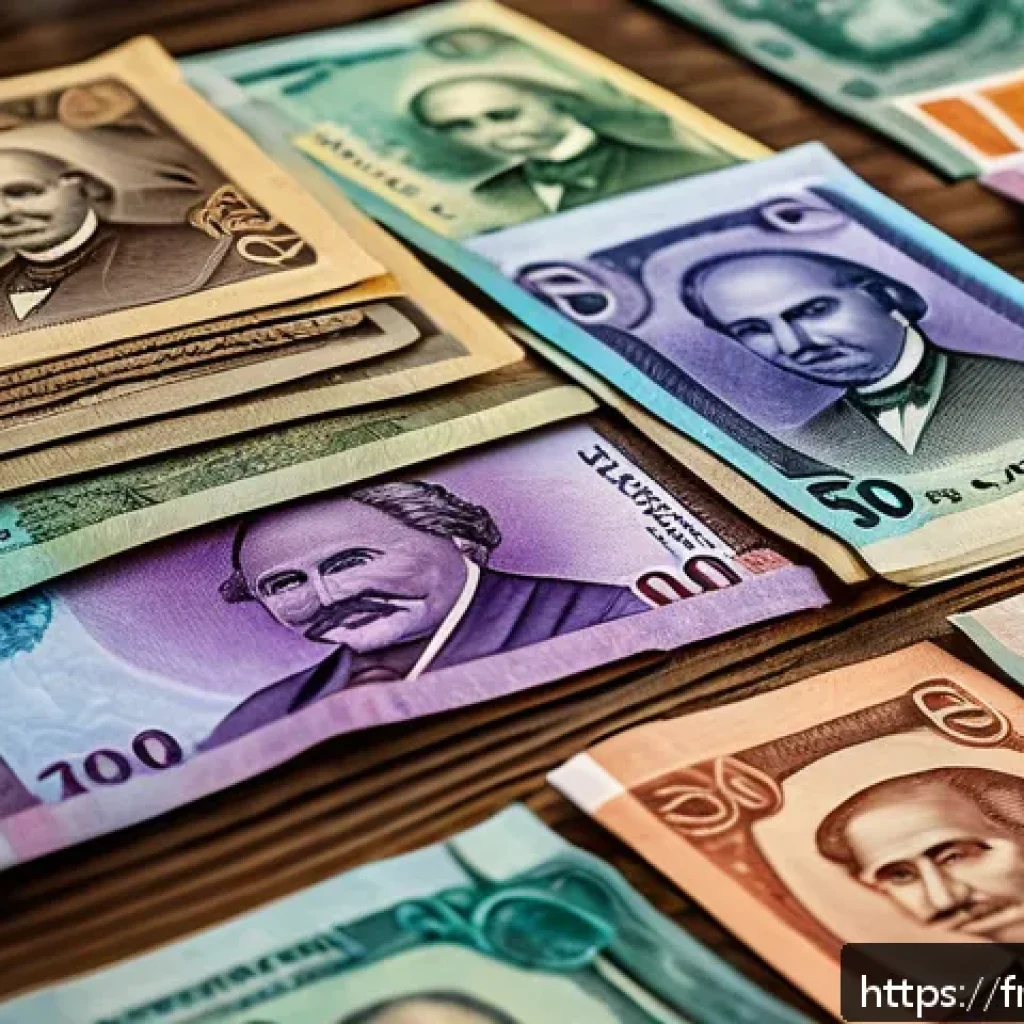 페루에서 사용하는 화폐 단위 - A detailed close-up of Peruvian banknotes spread out on a rustic wooden market table, showcasing vib...
