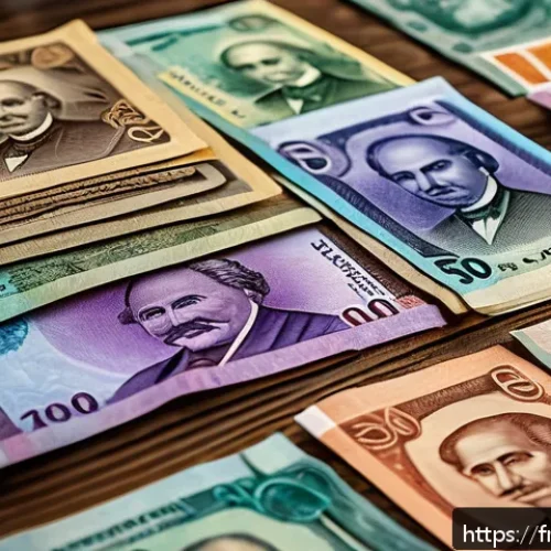 페루에서 사용하는 화폐 단위 - A detailed close-up of Peruvian banknotes spread out on a rustic wooden market table, showcasing vib...