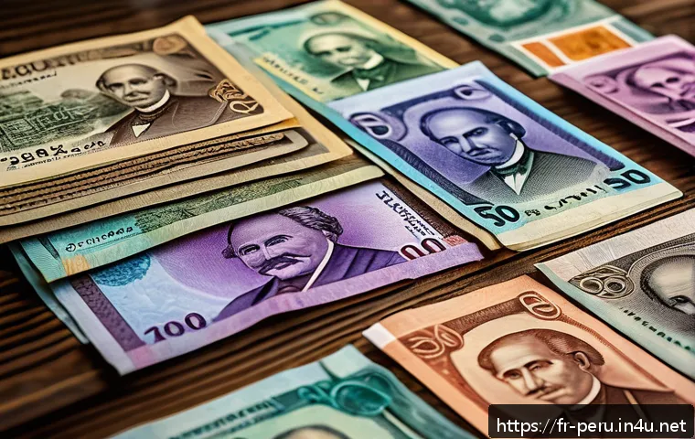 페루에서 사용하는 화폐 단위 - A detailed close-up of Peruvian banknotes spread out on a rustic wooden market table, showcasing vib...