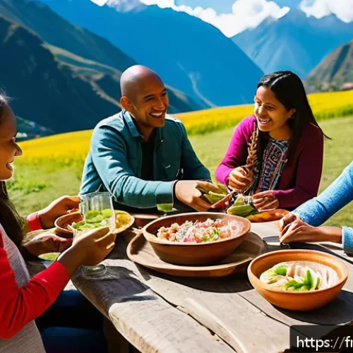 페루와 브라질 문화 차이 - A vibrant Peruvian family gathering around a rustic wooden table outdoors, sharing a fresh ceviche d...