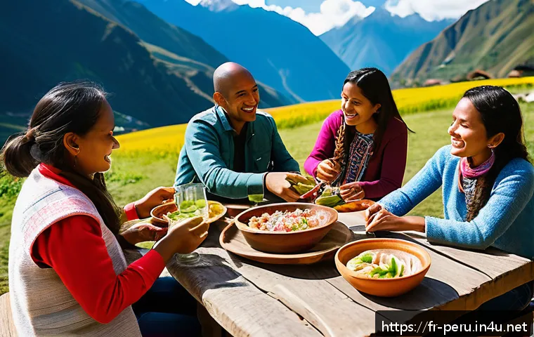 페루와 브라질 문화 차이 - A vibrant Peruvian family gathering around a rustic wooden table outdoors, sharing a fresh ceviche d...
