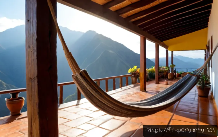 페루에서 해먹을 활용한 생활 - Photorealistic morning scene in a traditional Peruvian coastal home, a woven cotton hammock gently s...